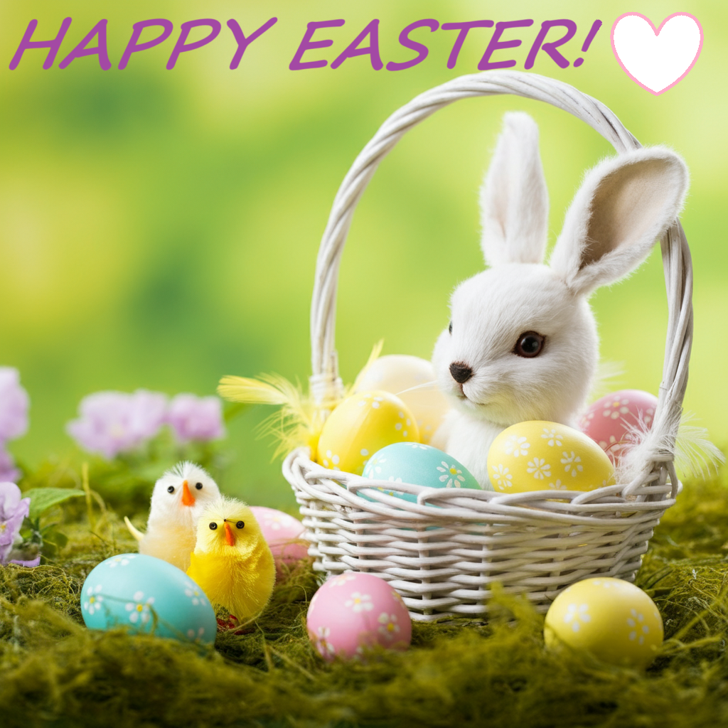 Happy Easter (with bunny in basket and colored eggs)