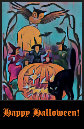 Black Cat and Witches (orange text, black background)